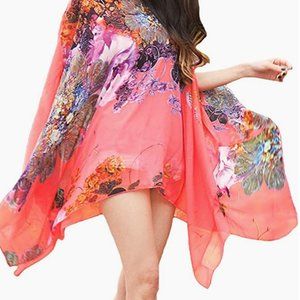 Floral Orange Chiffon Cover-Up Batwing Shirt - One Size
